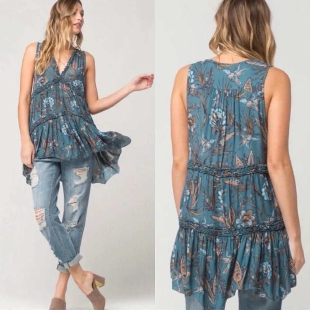 FREE PEOPLE Haze Hummingbird Sleeveless Tiered Hi Low Blue Tunic Top